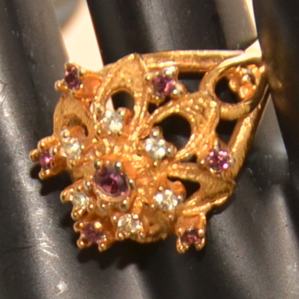 14kt gold plate rhinestone ring ornate large 6.75